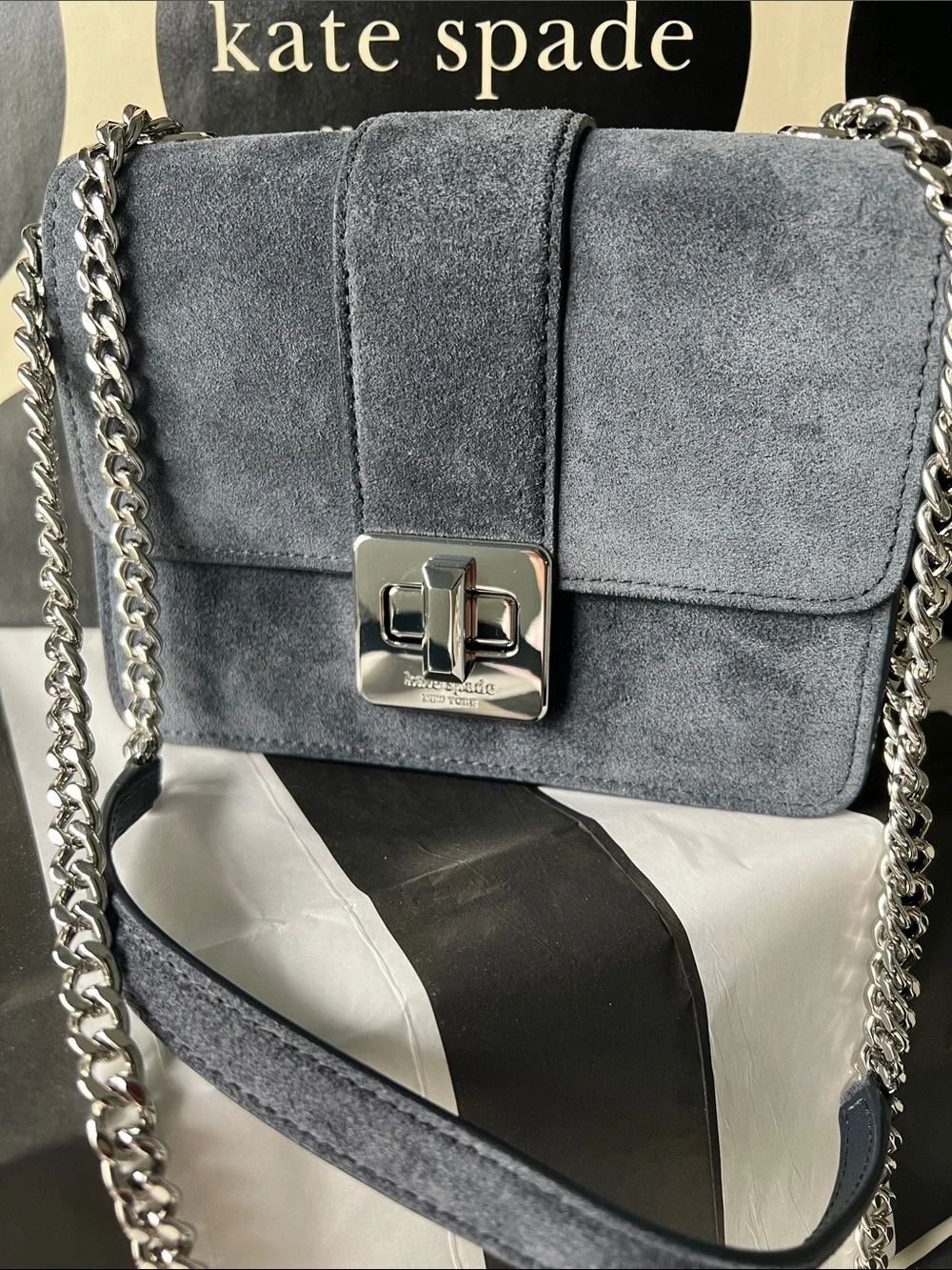 NWT Kate Spade Suede with silver Chain crossbody Bag